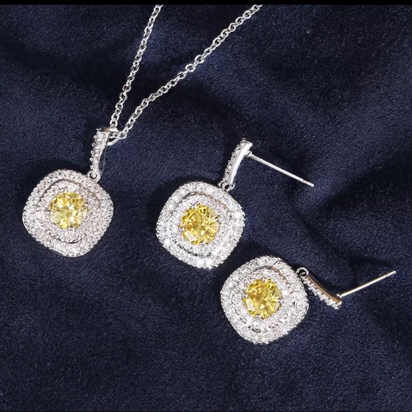 Classic Silver and Yellow Square Shape Zirconia Crystal Earrings Necklace Set - Picture 6 of 6